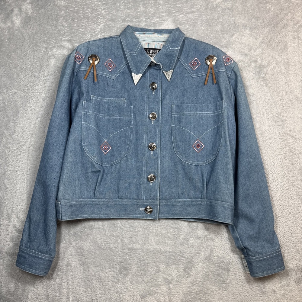 Vintage‎ SK Wear Denim Jacket Women 12 Blue Beaded Embroidered Boho Western 90s